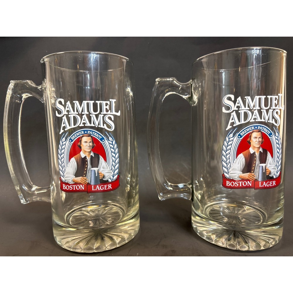 Samuel Adams Boston Lager Beer Mugs Set of 2 Clear Glass 7 Inch Brewer Patriot